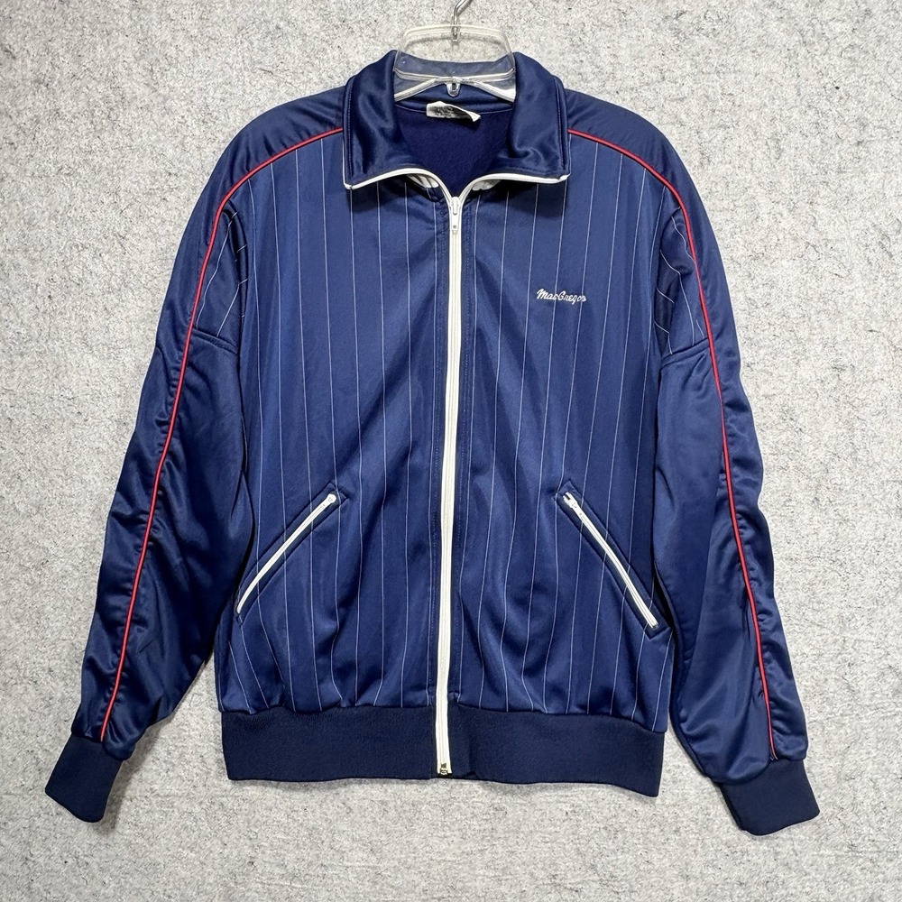 MacGregor Track Jacket Mens L Navy Pinstripe Fleece Lined Full Zip VTG  70 80